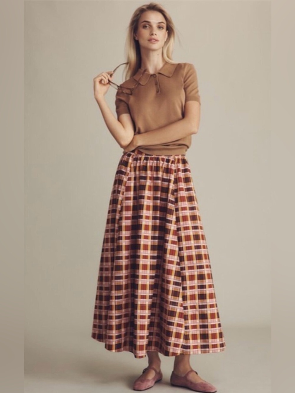 Maeve Plaid A-Line Skirt Plaid A-Line Maxi Skirt in Brown  size XL